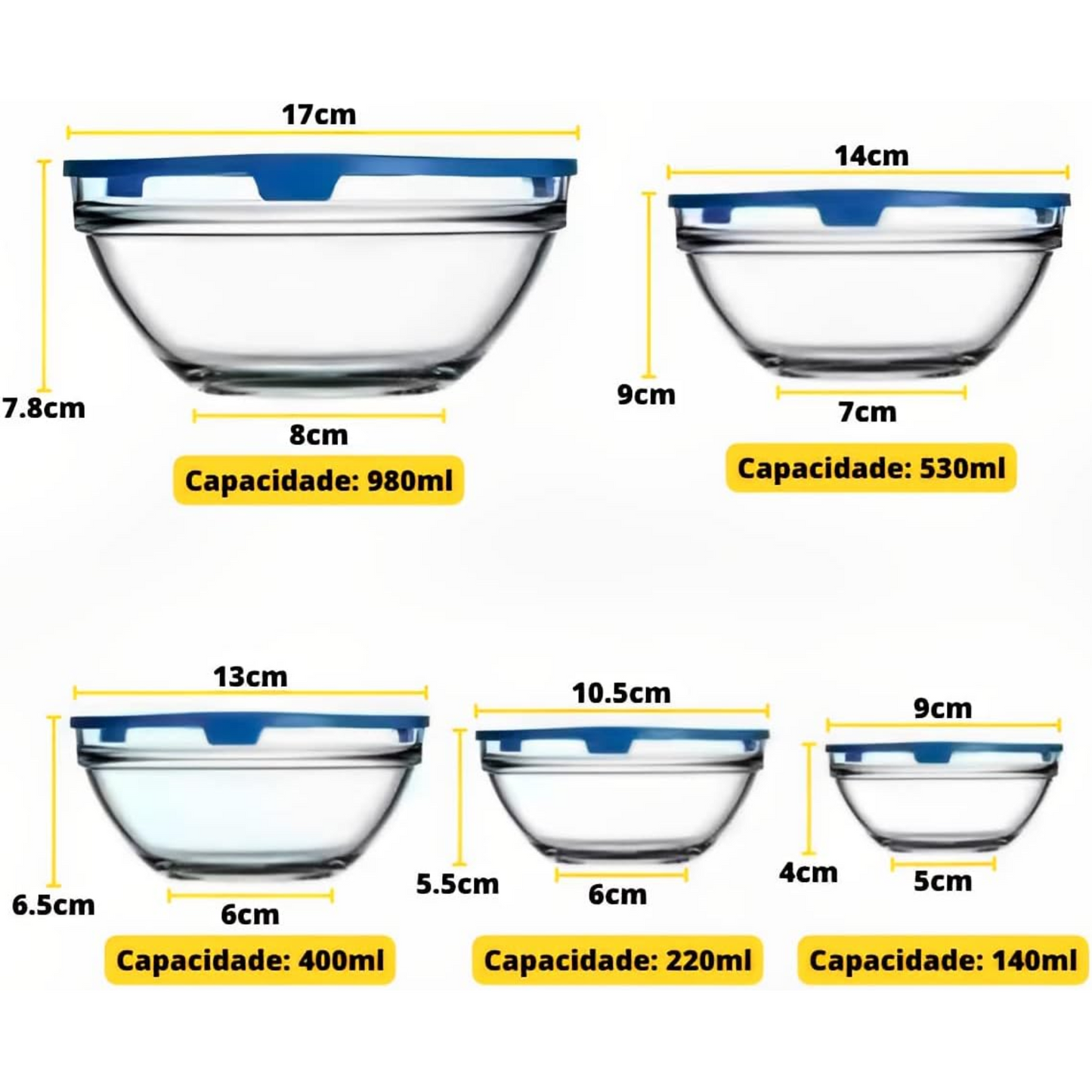 Set 5 Taper Bowl Vidrio Para Alimentos